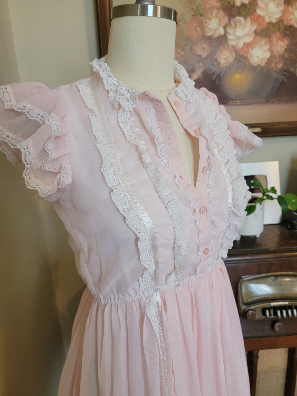 RARE Vintage Gunne Sax Jeunes Filles 1970s Pink Cotton Lace Short Dress S - Picture 5 of 7